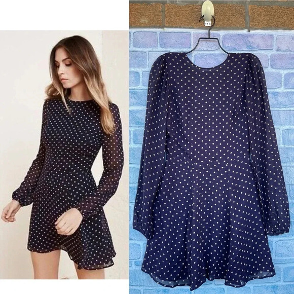 REFORMATION Viscose POLKA DOT Print V-BACK Balloon Sleeve WESTWOOD MINI Dress 0 - Picture 1 of 13